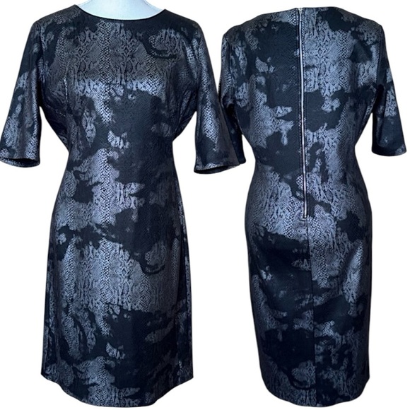 Catherine Malandrino Dresses & Skirts - Catherine Malandrino Black Silver Reptile Sheath Dress Back Silver Zipper Sz M